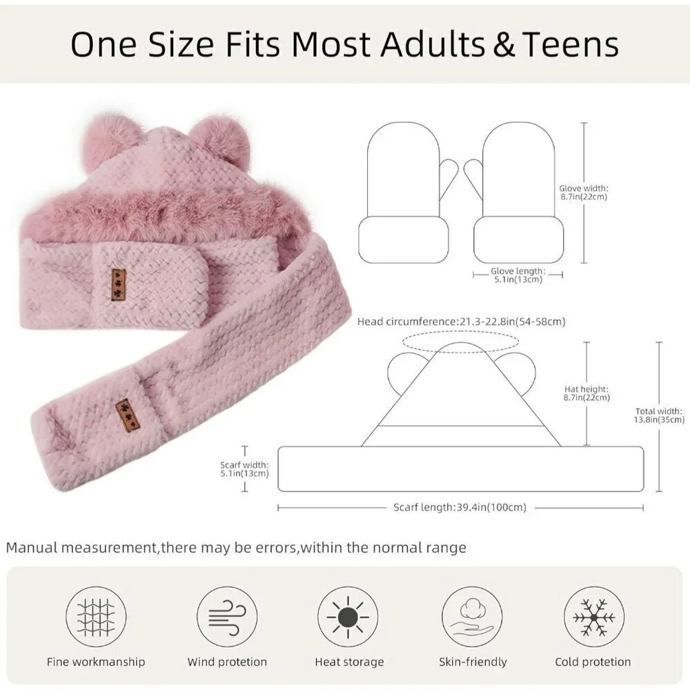 Women's Pink Winter Cute Bear Ear Hat Scarf 3 In 1 Faux Fur Gloves Set